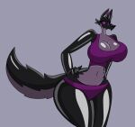  2025 4_fingers anthro black_body breasts clothed clothed_anthro clothed_female clothing countershade_torso countershading digital_media_(artwork) eyelashes female fingers fluffy fluffy_tail glistening glistening_body grey_background hi_res looking_at_viewer mouth_closed navel purple_clothing purple_eyes purple_inner_ear purple_sclera simple_background solo tail wide_hips zor-vixx 