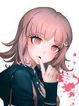  absurdres black_sweater blood brown_eyes brown_hair danganronpa eyebrows_visible_through_hair from_side highres index_finger_raised looking_at_viewer nanami_chiaki neck_ribbon open_mouth portrait red_ribbon ribbon shirt short_hair shou_xian_wu simple_background solo super_danganronpa_2 sweater white_background white_shirt 