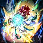  absurdres aura blue_sash dougi dragon_ball dragon_ball_gt dragon_ball_legends electricity full_body gogeta goldie8210 highres long_hair male_focus monkey_boy monkey_tail muscular muscular_male no_nipples omega_shenron pants pectorals red_fur saiyan sash spiked_hair super_saiyan super_saiyan_4 tail 