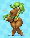  banana big_breasts biting_lip breasts clothing dark_skin female flora_fauna food fruit holding_breast huge_breasts humanoid lactating leaf_hair milk nipples not_furry plant simple_background tami teckworks thick_thighs wardrobe_malfunction wide_hips yellow_eyes 