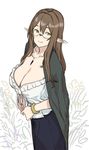  bracelet breasts brown_hair brown_haired_glasses_elf_(houtengeki) cleavage closed_mouth elf eyebrows_visible_through_hair flower frill_trim glasses green_eyes hair_between_eyes houtengeki huge_breasts jewelry long_hair long_skirt looking_at_viewer necklace original pendant pointy_ears rimless_eyewear shawl sidelocks simple_background sketch skirt smile solo standing 