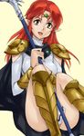  :d azalyn bangs black_cape black_eyes bracer breasts cape convenient_leg dress gem gus_(clarkii) headband long_hair looking_at_viewer medium_breasts musekinin_kanchou_tylor open_mouth parted_bangs pointy_ears red_hair shin_guards shoulder_armor simple_background sitting smile solo spaulders staff white_dress yellow_background 