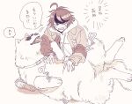  1boy ahoge animalization aotsuki_eito belly_rub collar commentary dog dorodorodo412 eyewear_on_animal greyscale highres jacket jacket_over_hoodie lying male_focus monochrome multicolored_hair musical_note on_back open_clothes open_jacket shoes short_hair speech_bubble spoken_musical_note streaked_hair sumino_takumi sunglasses sweatdrop the_hundred_line_-last_defense_academy- tongue tongue_out translation_request 