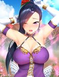  ajifurai armpits arms_up bare_shoulders black_hair blush breasts cleavage cloud collarbone covered_nipples day dragon_quest dragon_quest_xi dress elbow_gloves eyes_visible_through_hair fake_wings flower gloves hair_flower hair_ornament highres large_breasts lips long_hair looking_at_viewer martina_(dq11) mini_wings one_eye_closed open_mouth ponytail purple_eyes shiny shiny_hair sky solo sweat white_gloves wings 