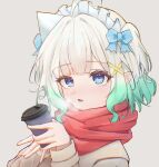  1girl ahoge blue_bow blue_eyes blunt_bangs blush bow brown_coat coat commentary cup disposable_coffee_cup disposable_cup english_commentary ghost_girl gradient_hair green_hair hair_bow hair_ornament holding holding_cup immakms_zzz indie_virtual_youtuber looking_at_viewer maid_headdress medium_hair mint_fantome mint_fantome_(minto_2.0) multicolored_hair multiple_hair_bows open_mouth pointy_ears purple_pupils red_scarf scarf simple_background solo thick_eyelashes triangular_headpiece two-tone_hair two_side_up virtual_youtuber white_hair x_hair_ornament 