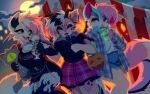  3girls animal_ears belt black_belt black_hair black_shirt black_shorts blue_eyes blue_jacket chain chain_necklace character_doll claws closed_eyes clothes_writing collar colored_sclera commentary denim denim_shorts doll drink fishnet_pantyhose fishnets food full_moon furry furry_female halloween halloween_bucket holding holding_drink holding_food holding_popsicle holding_stuffed_toy horns jacket jewelry kougra krawkcove long_hair lupe_(neopets) meowclops moon multicolored_hair multiple_girls necklace neopet_(creature) neopets open_clothes open_jacket original outdoors pantyhose petpet pink_hair plaid_clothes plaid_jacket plaid_skirt popsicle purple_eyes shirt short_hair shorts skirt sky spiked_collar spikes stuffed_animal stuffed_cat stuffed_toy symbol-only_commentary tail two-tone_hair white_hair xweetok yellow_sclera 