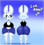  anthro bottomwear breasts butt clothing female hi_res lagomorph leporid lok_bunny lokbunny17 mammal model_sheet pupils rabbit scut_tail shirt short_tail shorts smile solo tail text topwear white_body white_pupils 