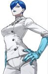 1girl aegyo_sal blue_eyes blue_eyeshadow blue_gloves blue_hair blue_lips breasts buttons contrapposto elbow_gloves empty_eyes eyeshadow filament_(game) from_below gloves hair_behind_ear hair_over_one_eye hand_on_own_hip high_collar highres jacket light_frown looking_at_viewer looking_down makeup medical_gloves medium_breasts mihiro_00122 nurse pale_skin pants pixie_cut rubber_gloves serious short_hair sleeves_rolled_up slit_pupils solo straight_hair suigin_(filament) tsurime very_short_hair white_background white_jacket white_pants 