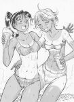  2girls abs absurdres bikini bikini_tan blush breasts cleavage closed_eyes collarbone commentary_request cup denkouzii0556 disposable_cup drink drinking_straw dripping eyelashes fingernails food greyscale highres holding holding_cup holding_drink holding_food holding_ice_cream holding_ice_cream_cone ice_cream ice_cream_cone long_hair monochrome multiple_girls navel one-piece_tan open_mouth original short_hair smile stomach sweat swimsuit tan tanlines teeth toned toned_female upper_teeth_only 
