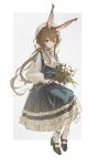  1girl amiya_(arknights) animal_ear_fluff animal_ears arknights ascot black_ribbon blue_dress blue_eyes blue_ring bouquet bow brown_hair brown_shoes buttons character_name chinese_commentary commentary_request dress footwear_bow frilled_socks frills full_body hair_between_eyes hat highres holding holding_bouquet invisible_chair jewelry lace-trimmed_dress lace_trim linfi-muu long_dress long_hair long_sleeves looking_at_viewer multiple_rings puffy_long_sleeves puffy_sleeves rabbit_ears ribbon ring shirt shoes sitting smile socks solo white_ascot white_hat white_shirt white_socks 