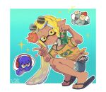  >_< 1boy 1girl ariamikukanzaki beer_can bikini bikini_under_clothes blonde_hair blue_shorts blush_stickers braid brazilian_flag brazilian_miku brazilian_miku_(cosplay) can commentary cosplay drink_can eyebrow_cut eyewear_on_head flip-flops flower hair_flower hair_ornament hatsune_miku headphones highleg highleg_bikini hirooooo_(splatoon) holding holding_can inkling octopus sandals shirt short_shorts shorts side_braid smallfry_(splatoon) splatoon_(series) splatoon_3 squatting sunglasses swimsuit tan tanlines tentacle_hair tied_shirt twitter_username v veronika_(splatoon) vocaloid yellow_eyes 