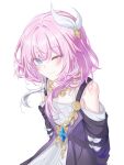  1girl ;) absurdres bare_shoulders blue_eyes breasts coat cyrene_(honkai:_star_rail) cyrene_(philia093)_(honkai:_star_rail) dress hair_ornament han7951032 highres honkai:_star_rail honkai_(series) jewelry looking_at_viewer multicolored_hair necklace one_eye_closed pink_hair purple_coat short_hair simple_background small_breasts smile solo two-tone_hair white_background white_dress 