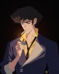  1boy adversarial_noise alt_text artist_name black_background black_hair black_necktie cigarette collarbone collared_shirt commentary cowboy_bebop english_commentary galmesh_rosewood highres holding holding_lighter lighter lighting_cigarette male_focus mouth_hold necktie shirt short_hair simple_background smile smoking spike_spiegel yellow_shirt 