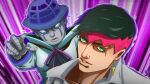 1boy 1other araki_hirohiko_(style) aura blue_hat bow bowler_hat bowtie colored_skin commentary compound_eyes earrings english_commentary green_eyes green_hair grey_shirt grey_skin hat headband heaven's_door jewelry jojo_no_kimyou_na_bouken kishibe_rohan male_focus nika_dudi parted_lips pink_headband pointing purple_bow purple_bowtie shirt stand_(jojo) the_jojolands 