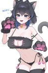  1girl :d absurdres animal_ear_legwear animal_ears animal_hands bell black_bra black_hair black_panties blue_eyes blue_hair bow bow_earrings bra breasts cat_cutout cat_ear_legwear cat_ear_panties cat_ears cat_girl cat_lingerie cat_tail cleavage cleavage_cutout clothing_cutout collar commentary double-parted_bangs earrings extra_ears frilled_bra frills gloves hair_between_eyes hair_intakes hand_up highleg highleg_panties highres hololive jewelry jingle_bell kemonomimi_mode large_breasts looking_at_viewer migokami navel neck_bell open_mouth ouro_kronii panties paw_gloves pink_collar short_hair side-tie_panties simple_background smile solo stomach strap_slip tail teeth underwear underwear_only upper_teeth_only virtual_youtuber white_background 