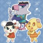  3girls :3 animal_crossing animal_ears aqua_shirt arm_up beak bear_ears bear_girl bird_girl bird_legs bird_tail black_hair blue_eyes blush_stickers bowl brown_eyes chibikemo china_dress chinese_clothes commentary_request crown cup dog_ears dog_girl dog_tail dress drink drinking_straw feathers flower food food_request full_body furry furry_female goldie_(animal_crossing) hair_flower hair_ornament highres holding holding_bowl holding_cup holding_drink holding_food looking_at_viewer maaruutaa0 mcdonald's multiple_girls open_mouth pekoe_(animal_crossing) pink_flower plumeria purple_feathers quinn_(animal_crossing) red_dress shirt short_hair simple_background sleeveless sleeveless_dress smile spoon standing striped_clothes striped_dress tail tongue tongue_out translation_request winged_arms wings yellow_dress 