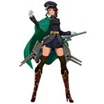  black_legwear black_skirt blue_hat boots breasts brown_hair canarias_(victory_belles) cape double-breasted floral_print full_body gloves green_cape hair_over_one_eye hat knee_boots legs_apart long_hair long_sleeves looking_at_viewer machinery medium_breasts military military_uniform official_art peaked_cap purple_eyes salmon88 simple_background skirt solo standing thighhighs uniform victory_belles wavy_hair white_background white_gloves zettai_ryouiki 