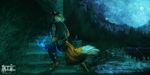  anthro canine clothed clothing detailed_background digitigrade fox fur magic male mammal night outside solo standing tatiilange water 