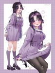 1girl :o ? black_shoes blush border bow bowtie brown_hair clothes_lift collar commentary_request curtained_hair grid_border highres kneehighs long_hair long_sleeves looking_at_viewer multiple_views open_mouth original pleated_skirt purple_border purple_bow purple_bowtie purple_eyes purple_shirt purple_skirt purple_socks raised_inner_eyebrows sailor_collar school_uniform shirt shoes signature simple_background sitting skirt skirt_lift smile socks sparkle speech_bubble spoken_question_mark twitter_username white_background white_collar white_wrist_cuffs wrist_cuffs yuuyu_(moco20111115) 