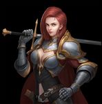  absurdres armor belt black_background breasts closed_mouth gauntlets green_eyes hand_on_hip highres holding holding_sword holding_weapon knight large_breasts long_hair looking_at_viewer maku_kaisei md5_mismatch original pauldrons realistic red_hair resized sheath simple_background solo sword upscaled weapon 