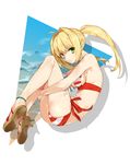  ahoge anklet ass bangs bikini blonde_hair bracelet breasts dear_(10956869) earrings eyebrows_visible_through_hair fate/grand_order fate_(series) flat_ass full_body green_eyes hair_intakes highres jewelry knees_up leg_hug long_hair looking_at_viewer medium_breasts nero_claudius_(fate)_(all) nero_claudius_(swimsuit_caster)_(fate) sandals side-tie_bikini sideboob silhouette smile solo striped striped_bikini swimsuit twintails 