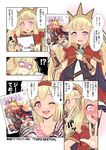  ;d bangs black_legwear blonde_hair blush bow breasts cagliostro_(granblue_fantasy) cape comic commentary_request crown djeeta_(granblue_fantasy) gran_(granblue_fantasy) granblue_fantasy hairband long_hair manga_(object) multiple_girls one_eye_closed open_mouth purple_eyes red_skirt shaded_face skirt small_breasts smile thighhighs translated yapo_(croquis_side) 