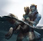  4_toes 5_fingers anthro barefoot blonde_hair canine clothed clothing day detailed_background digitigrade dog duo ear_piercing female hair koul male mammal outside partially_submerged piercing toes water 