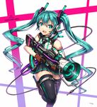  bangs brown_gloves bullpup character_name copyright_name gia gloves hatsune_miku headset highres knife long_hair looking_at_viewer megaphone open_mouth pleated_skirt skirt solo thigh_strap thighhighs trigger_discipline twintails vocaloid weapon white_background 