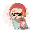  1girl 8-bit_(splatoon) ariamikukanzaki breasts closed_eyes commentary food food_in_mouth glasses gradient_hair green_sweater holding holding_food holding_pocky inkling multicolored_hair orange_hair pocky pocky_day pocky_in_mouth pointy_ears red_hair short_eyebrows small_breasts solo splatoon_(manga) splatoon_(series) splatoon_3 sweater tentacle_hair twitter_username twitter_x_logo upper_body v-shaped_eyebrows 