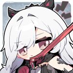  1girl bare_shoulders berenica_(duet_night_abyss) black_gloves chibi chibi_only chinese_commentary closed_mouth commentary_request duet_night_abyss gloves grey_hair hair_intakes highres holding holding_sword holding_weapon kyou_039 long_hair looking_at_viewer multicolored_gloves notice_lines red_eyes red_gloves solo sword twitter_username two-tone_gloves upper_body weapon 