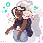  2girls :> alternate_costume aqua_nails black_hair black_shirt blue_pants blunt_bangs blush breasts closed_mouth commentary cropped_legs dark-skinned_female dark_skin ear_piercing english_commentary eyelashes fingernails green_eyes heart highres hug hug_from_behind inkling instagram_username lips long_hair long_sleeves marina_(splatoon) midriff mole mole_under_mouth multiple_girls nati_chuan octoling pants pearl_(splatoon) piercing pointy_ears procreate_(medium) shirt short_hair simple_background smile splatoon_(series) tentacle_hair white_background white_hair yellow_eyes yuri zoom_layer 