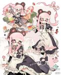  1girl absurdres animal_ear_hairband animal_ears apron bear_ears black_dress black_shoes blunt_bangs brown_hairband cake cake_slice chibi collared_dress dress earrings fake_animal_ears food fork frilled_apron frills hairband hand_on_own_hip highres holding holding_fork holding_plate inkling inkling_girl inkling_player_character jewelry juliet_sleeves long_hair long_sleeves looking_at_viewer maid mihuashi_506932 mihuashi_logo mole mole_under_eye multiple_views neck_ribbon pantyhose pink_eyes pink_hair pink_ribbon plate pointy_ears puffy_sleeves ribbon sample_watermark shoes sidelocks sleeve_cuffs splatoon_(series) strawberry_cake stud_earrings tentacle_hair watermark white_apron white_pantyhose 