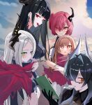  +_+ absurdres armor bahamut_(nikke) bare_shoulders behemoth_(nikke) black_armor black_bodysuit black_gloves black_hair black_horns black_jacket black_liquid black_necktie black_shirt black_sleeves blue_sky blunt_bangs bodystocking bodysuit boobplate book breasts brown_hair cloud cloudy_sky collarbone commentary crop_top crossed_bangs detached_sleeves dress ear_piercing forehead four_beasts_(nikke) glasses gloves goddess_of_victory:_nikke green_eyes grey_hair hair_between_eyes hair_intakes hair_over_one_eye highres holding holding_book horns hug hug_from_behind jacket korean_commentary large_breasts leviathan_(nikke) liquid_clothes long_hair looking_at_viewer midriff multicolored_hair multiple_girls navel neck_tattoo necktie one_side_up only_one_(nikke) open_mouth parted_bangs parted_lips piercing pink_hair red_eyes red_scarf scarf see-through_clothes seoeunred shirt sideboob sidelocks single_horn sky sleeveless sleeveless_dress small_breasts standing tattoo teeth tongue tongue_out turtleneck upper_body upper_teeth_only upside-down_book very_long_hair white_dress ziz_(nikke) 