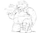  4:3 aliasing anthro balls bandanna black_and_white boots bottomless cigarette clothed clothing dialogue dog_tags flaccid footwear front_view hairy line_art looking_at_viewer male mammal monochrome navel on_one_knee overweight penis pig porcine rohly scratching smoke smoking solo sweat talking_to_viewer 