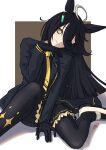  1girl absurdres ahoge belt black_belt black_coat black_eyes black_gloves black_pantyhose black_shirt black_skirt closed_mouth coat commentary_request contrast_collar e/evth ear_ornament ear_tag earrings gloves hair_between_eyes hand_between_thighs hand_on_own_chin head_tilt highres jewelry knee_up long_hair long_hair_between_eyes long_sleeves looking_at_viewer manhattan_cafe_(creeping_shadow)_(umamusume) manhattan_cafe_(umamusume) multicolored_hair on_ground open_clothes open_coat pantyhose pleated_skirt shirt shoes single_earring sitting skirt smile solo sou_raven umamusume very_long_hair white_hair white_shoes yellow_eyes 
