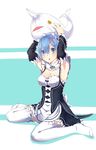  apron armpits arms_up black_ribbon black_skirt blue_eyes blue_hair breasts character_doll choker cleavage detached_sleeves frilled_skirt frills hair_between_eyes hair_ornament hakugei_(re:zero) holding horn looking_at_viewer maid medium_breasts miniskirt neck_ribbon no_shoes noboru_(kamine204136) open_mouth re:zero_kara_hajimeru_isekai_seikatsu rem_(re:zero) ribbon ribbon-trimmed_sleeves ribbon-trimmed_thighhighs ribbon_trim short_hair sitting skirt solo thighhighs wariza whale white_apron white_background white_legwear 