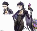  1girl alternate_hairstyle bayonetta bayonetta_(series) black_choker black_hair bodysuit breasts choker cleavage closed_eyes closed_mouth commentary earrings emmanuel_edeko english_commentary eyelashes glasses green_eyes gun hand_on_own_hip holding holding_gun holding_weapon jewelry lips mole mole_under_mouth multiple_views simple_background smile toothpick twitter_username weapon white_background 