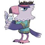  1girl animal_crossing aqua_shirt beak bird_girl bird_legs bird_tail blue_eyes commentary_request crown cup drink drinking_straw feathers full_body furry furry_female highres holding holding_cup holding_drink looking_at_viewer maaruutaa0 mcdonald's purple_feathers quinn_(animal_crossing) shirt signature simple_background solo standing tachi-e tail transparent_background winged_arms wings 