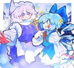  2girls blue_eyes blue_hair blue_ribbon breasts cirno commentary emerald_kitty english_commentary hair_ribbon highres ice ice_wings lapel_pin letty_whiterock looking_at_another medium_breasts multiple_girls purple_eyes purple_hair ribbon touhou triangular_headpiece wings 