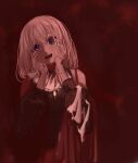  1girl absurdres bang_dream! bang_dream!_it's_mygo!!!!! blonde_hair clothing_cutout commentary_request doloris_(bang_dream!) extreme_yuri_buta hands_on_own_face highres medium_hair misumi_uika open_mouth purple_eyes red_background shoulder_cutout solo sophie_(bang_dream!) 
