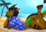 aloha_shirt anthro beach bedroom_eyes blush clothed clothing digital_media_(artwork) dragon feet fingers hair half-closed_eyes kastoluza looking_at_viewer lying male mythological_creature mythological_scalie mythology narrowed_eyes on_front outside pattern_clothing pattern_shirt pattern_topwear pawpads raised_foot sand scalie seaside seductive shirt solo speedo swimwear tail toes topwear towel water