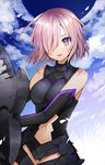  :d armor armored_dress bad_id bad_pixiv_id bangs black_armor black_gloves blue_sky blush breasts cloud cloudy_sky commentary_request cowboy_shot day elbow_gloves fate/grand_order fate_(series) gambe gloves hair_over_one_eye highres holding holding_shield large_breasts looking_at_viewer mash_kyrielight navel navel_cutout open_mouth outdoors purple_eyes purple_gloves purple_hair shield short_hair sky smile solo tsurime 