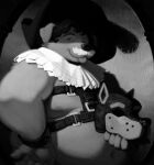  5_fingers animal_mask anthro areola belly big_belly blep button_ears canid canine canis claws closed_smile clothing curly_hair digital_media_(artwork) domestic_dog eyebrows facial_hair finger_claws fingers floppy_ears fur greyscale hair half-length_portrait harness hat_feather headgear headwear hi_res holding_object humanoid_hands looking_at_viewer loose_feather male male_anthro mammal mask monochrome moobs mouth_closed mustache navel nipples overweight overweight_anthro overweight_male portrait pup_mask raymodule shaded smile smiling_at_viewer solo three-quarter_view tongue tongue_out 