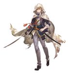  armor blonde_hair cloak full_body granblue_fantasy green_eyes highres holding holding_sword holding_weapon hood japanese_armor katana katsugeki/touken_ranbu kote looking_at_viewer male_focus minaba_hideo necktie official_art pants sheath solo sword torn_clothes torn_pants touken_ranbu transparent_background weapon yamanbagiri_kunihiro 