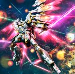  bit_(gundam) cal-re.a commentary_request dual_wielding energy_sword energy_wings explosion funnels_(gundam) glowing glowing_eyes gold_trim gundam gundam_seed gundam_seed_freedom hiropon_(tasogare_no_puu) holding holding_beam_saber holding_sword holding_weapon mechanical_wings mobile_suit no_humans red_eyes robot science_fiction solo space sword weapon wings 