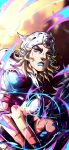  1boy absurdres araki_hirohiko_(style) beanie blonde_hair blue_eyes blue_lips blue_nails energy english_commentary fingernails golden_spiral hat hatching_(texture) highres hood hood_down hoodie horse_print horseback_riding horseshoe_hat_ornament horseshoe_ornament johnny_joestar jojo_no_kimyou_na_bouken looking_at_viewer male_focus medium_hair noonvincent parted_lips pointing pointing_at_viewer red_sleeves reins riding short_sleeves slow_dancer_(jojo) solo star_(symbol) star_print steel_ball_run teeth two-tone_sleeves white_hat white_hoodie white_sleeves wristband 