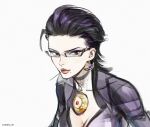  1girl alternate_hairstyle bayonetta bayonetta_(series) black_hair breasts cleavage closed_mouth commentary earrings emmanuel_edeko english_commentary eyelashes glasses green_eyes jewelry lips mole mole_under_mouth simple_background solo toothpick twitter_username white_background 