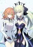  2girls ahoge black_bow black_dress black_gloves black_tiara blue_eyes bow braid breasts cleavage commentary_request dress fate/grand_order fate_(series) fujimaru_ritsuka_(female) gloves hair_between_eyes hair_bow half_up_braid highres long_hair morgan_le_fay_(fate) morgan_le_fay_(third_ascension)_(fate) morumoru_hikari multiple_girls orange_hair ponytail short_hair smile spikes tiara two-tone_dress very_long_hair white_hair yellow_eyes 