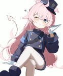  1girl absurdres ahoge alternate_costume arm_up armband black_boots black_hat black_jacket black_pants blue_archive blue_armband blue_eyes blush boots cheeckae cosplay cowboy_shot crossed_bangs crossed_legs demon_tail feet_out_of_frame gloves hair_ears hair_intakes halo hand_on_floor hashtag-only_commentary hat highres hikari_(blue_archive) hikari_(blue_archive)_(cosplay) hoshino_(blue_archive) invisible_chair jacket long_hair long_sleeves one_eye_closed pants pantyhose peaked_cap pink_hair pink_halo sitting solo tail very_long_hair white_gloves white_pantyhose 