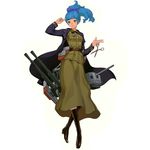  black_coat blue_eyes blue_hair boots brown_footwear buttons coat crossed_legs full_body knee_boots leather_belt long_skirt looking_at_viewer medal military military_uniform official_art open_clothes open_coat salmon88 salute scissors simple_background skirt solo standing two-finger_salute uniform victory_belles white_background wicher_(victory_belles) 